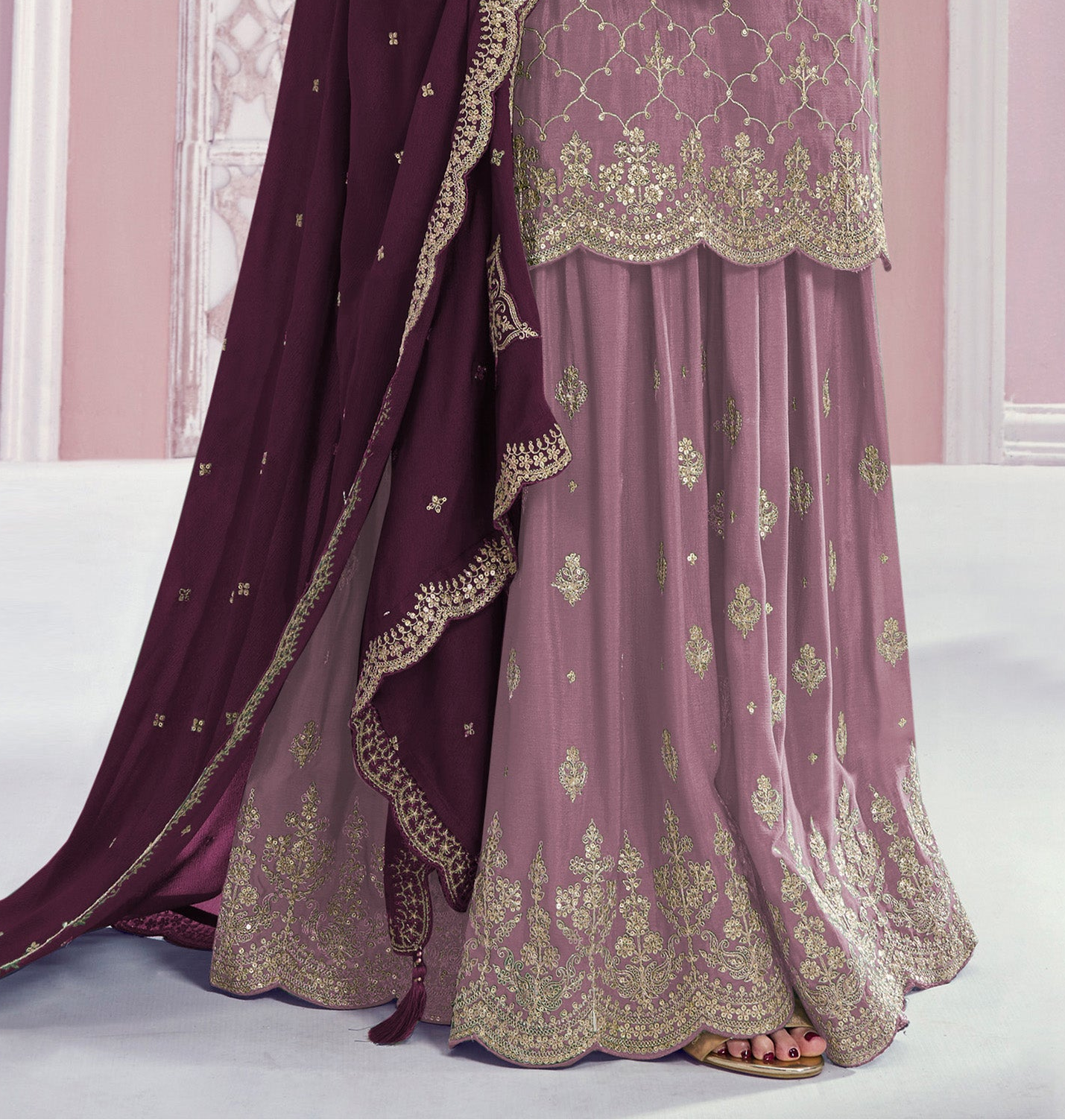 Baby pink palazzo pants outfits with matching embroidered dupatta