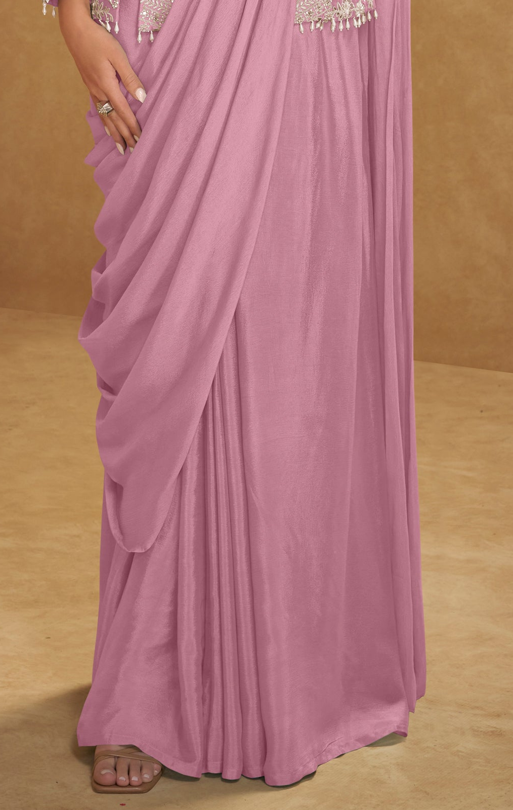 Elegant baby pink saree for reception events