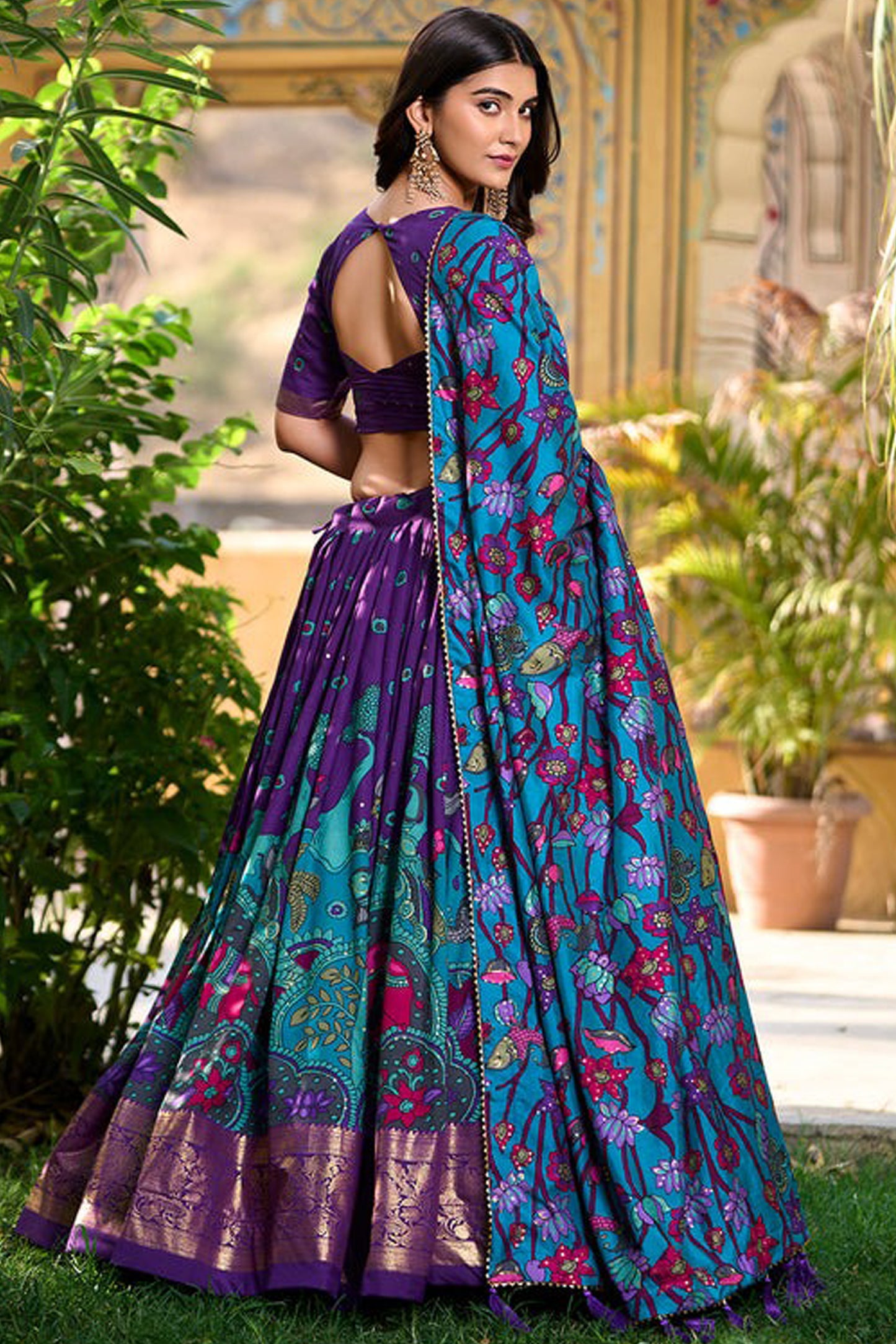 Back view of purple lehenga with chaniya choli style