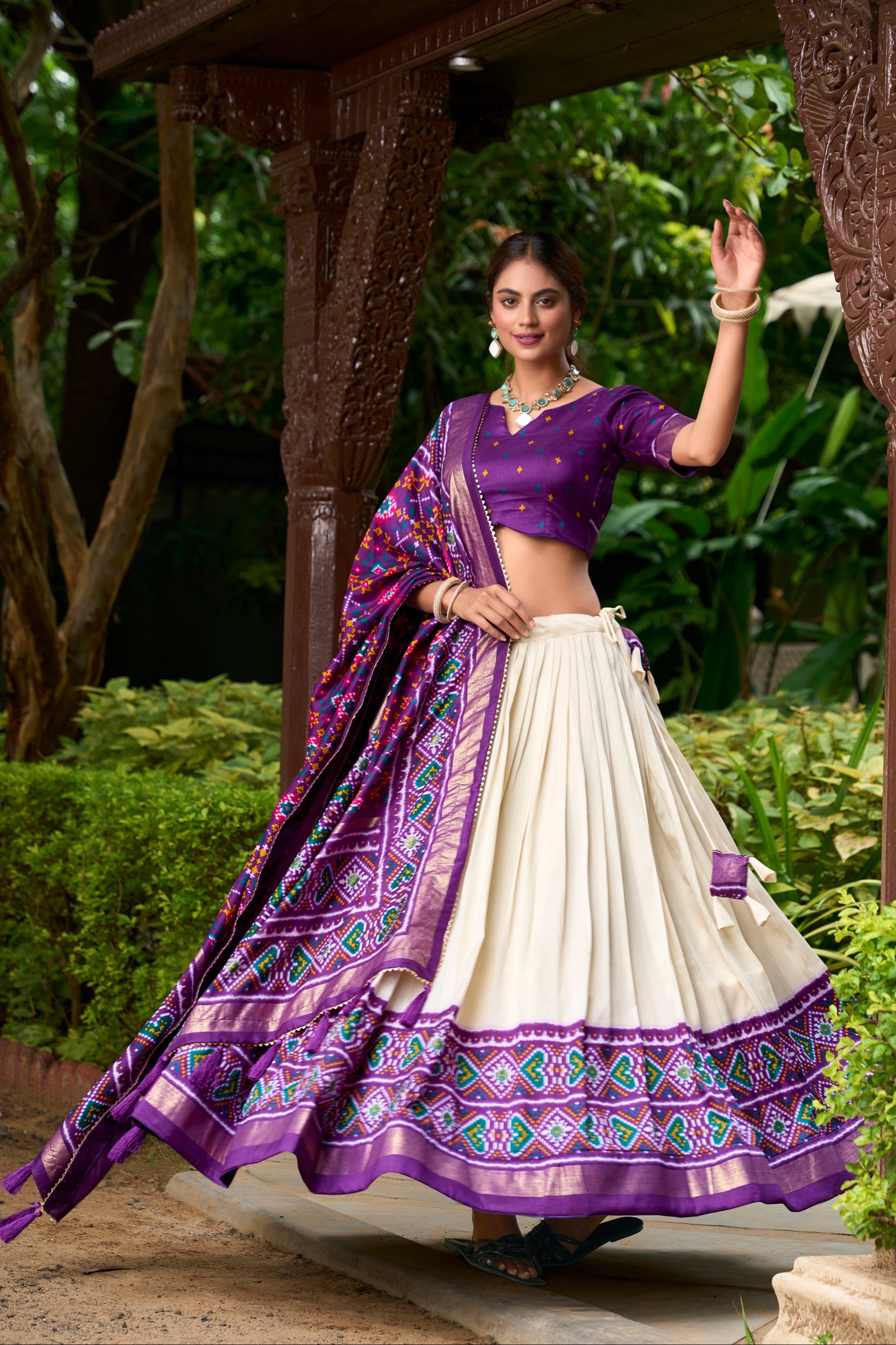 Wedding guest look in printed lehenga gown
