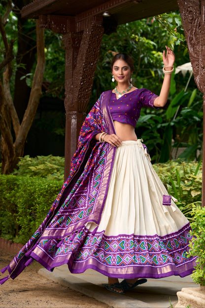Wedding guest look in printed lehenga gown