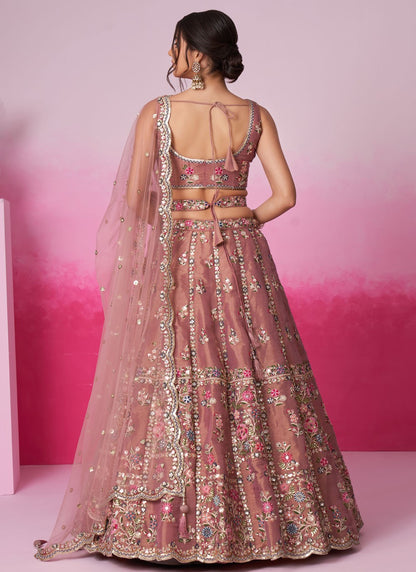 blush pink lehenga back view with dupatta drape