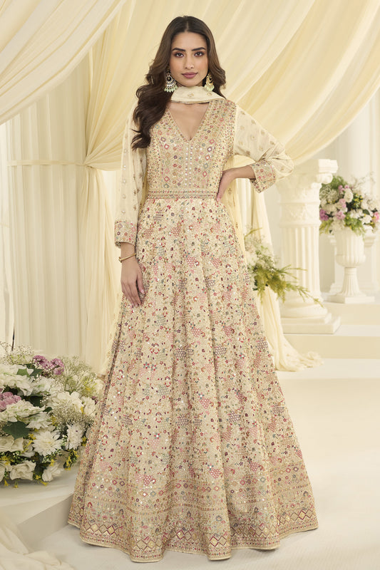 Beige anarkali dress front view with embroidered zarkan work