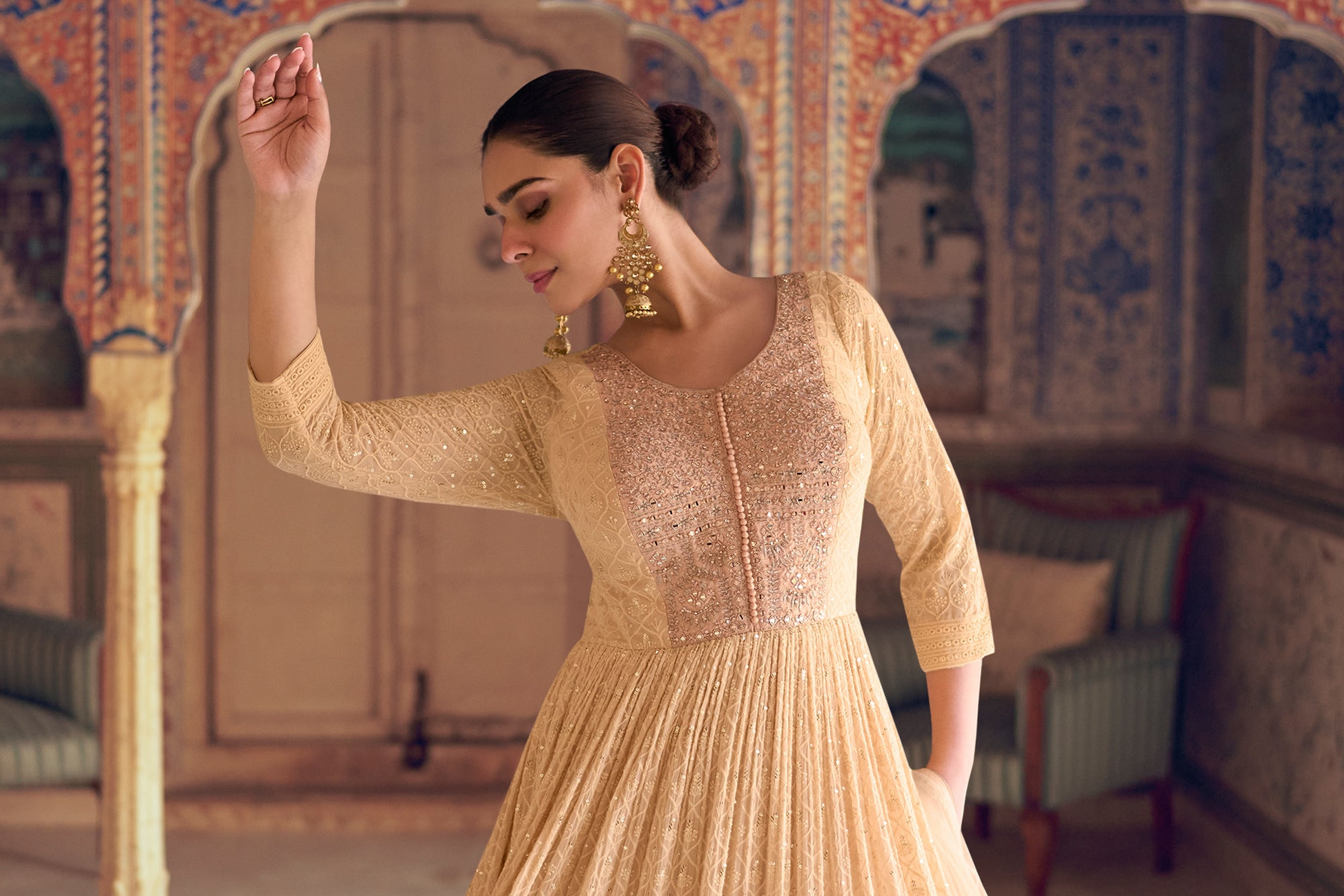 Back view of beige anarkali gown suit