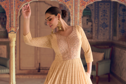 Back view of beige anarkali gown suit