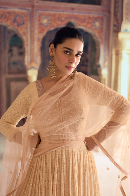Beige anarkali gown suit full length front look