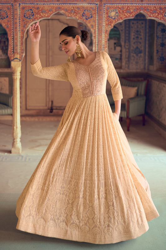 Beige anarkali front view with embroidered design