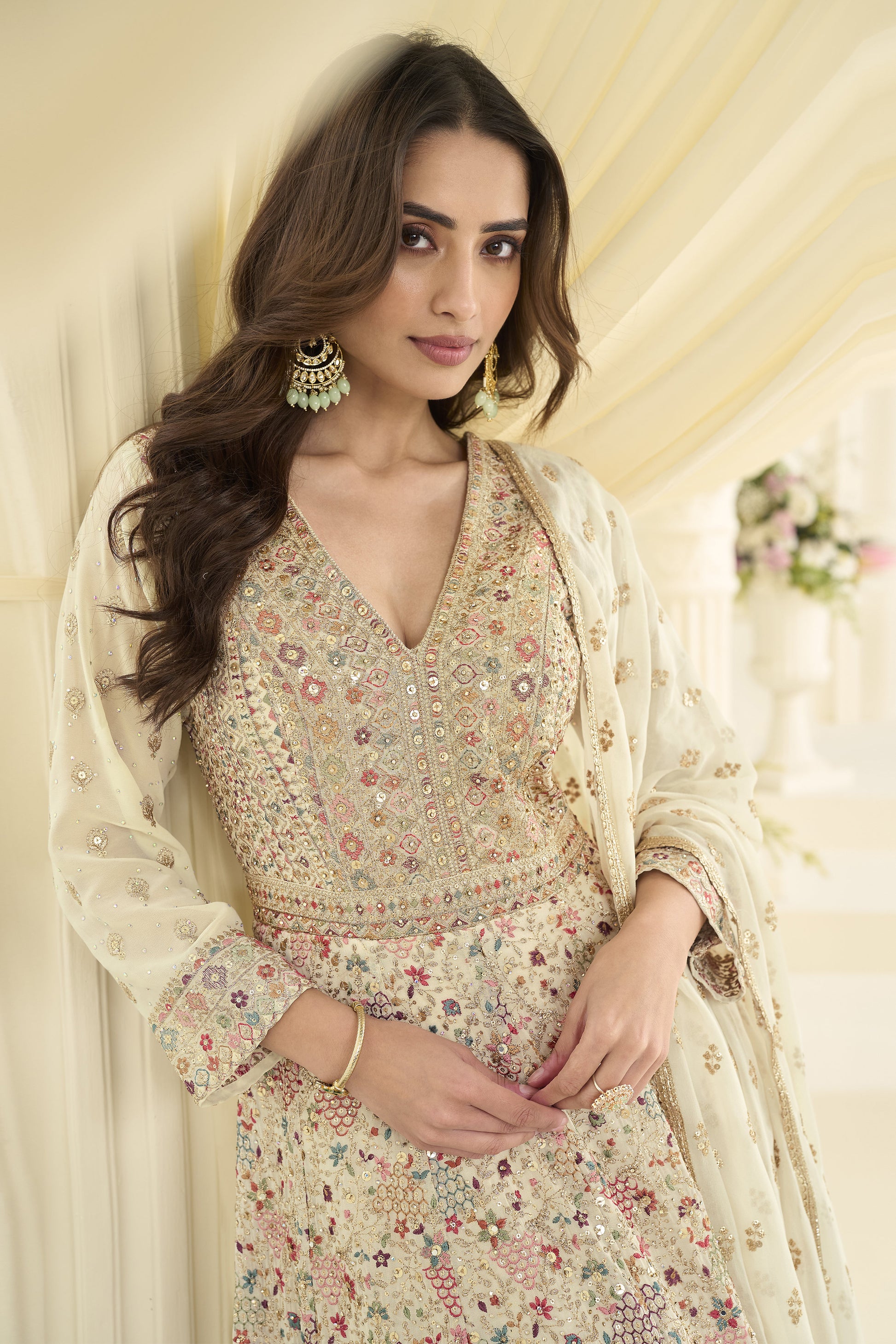 Flowing georgette anarkali dress in beige tone