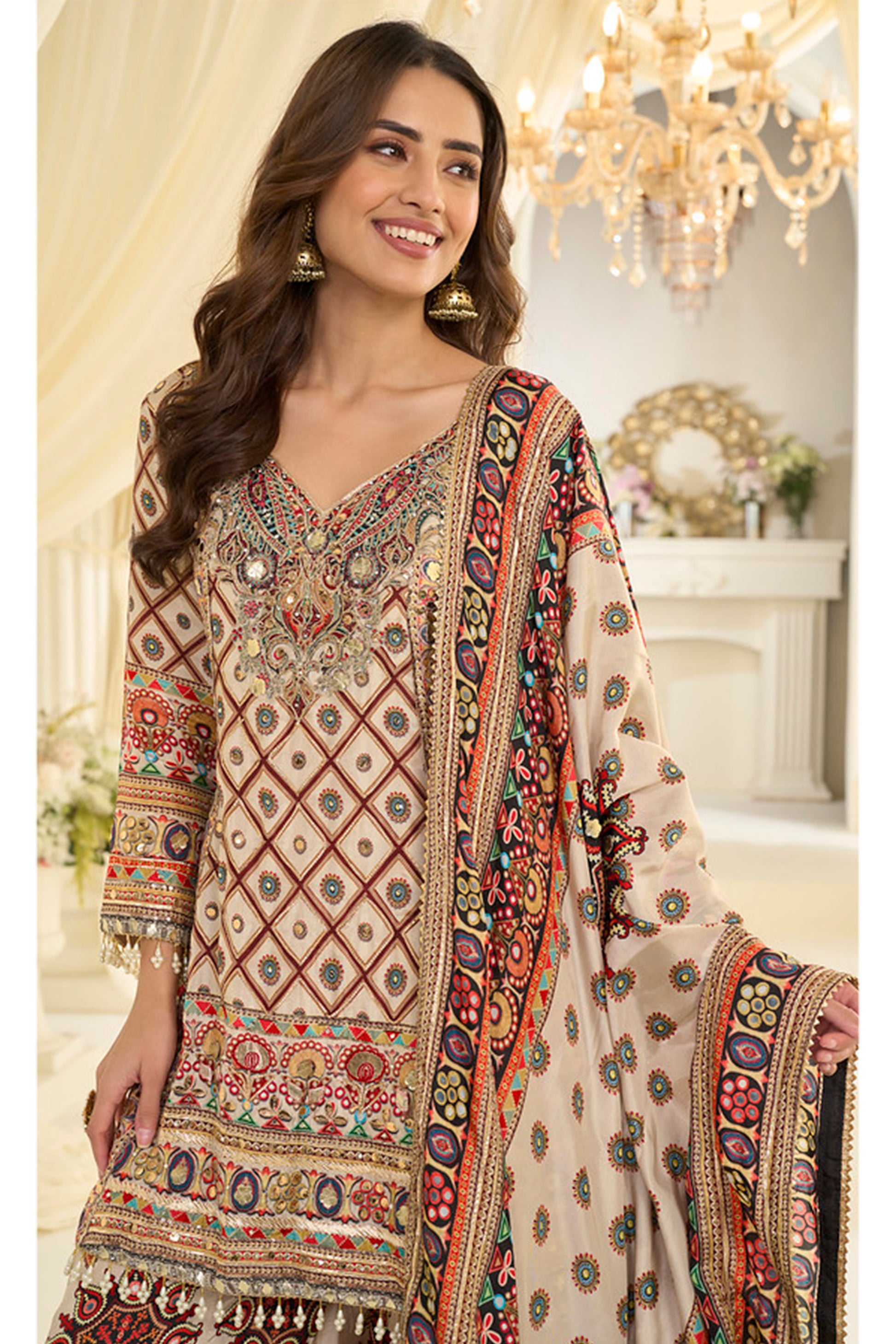 Beige women palazzo suit front styling