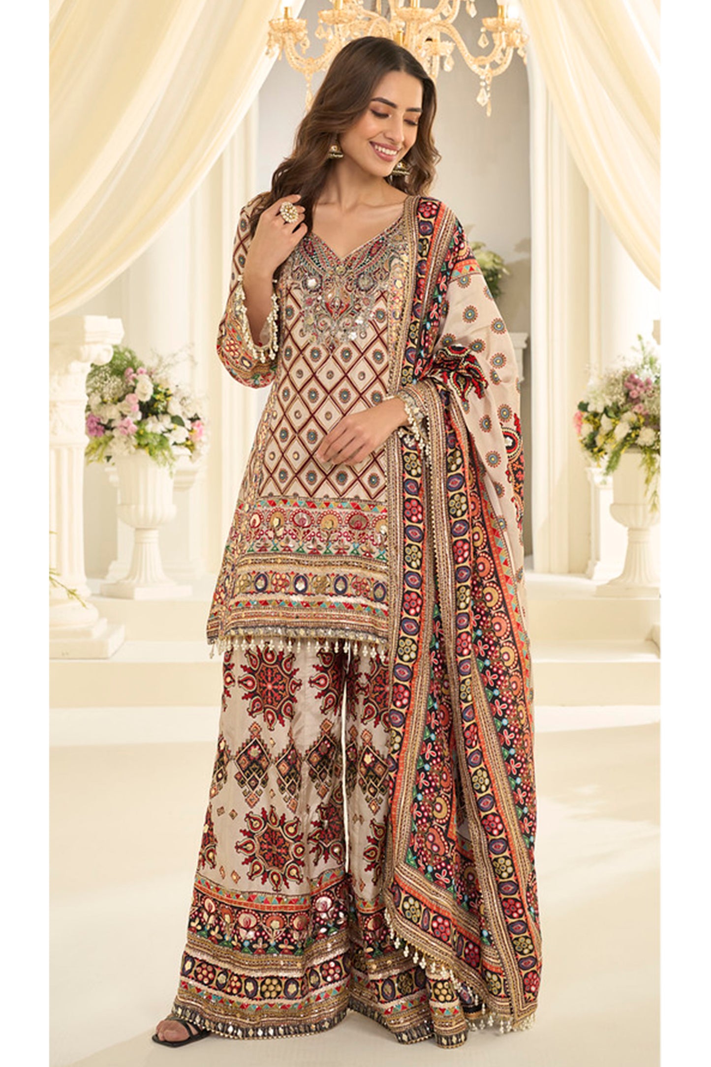 Beige palazzo outfit styled for festive event