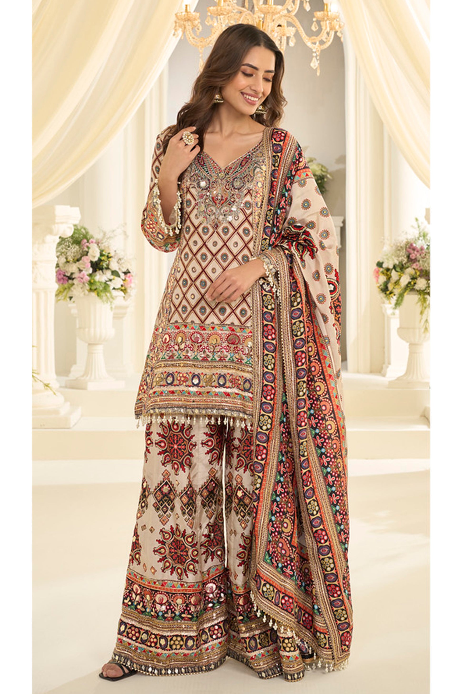 Beige palazzo outfit styled for festive event