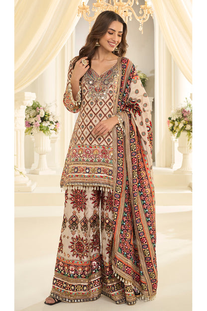 Beige palazzo outfit styled for festive event