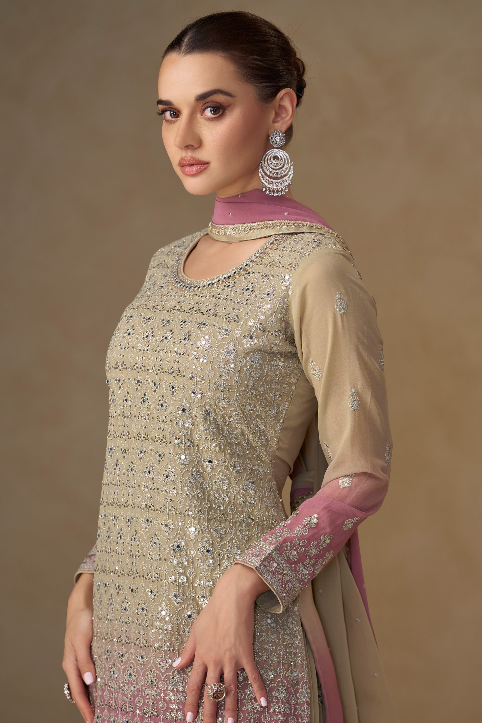 Back view of embroidered palazzo suit