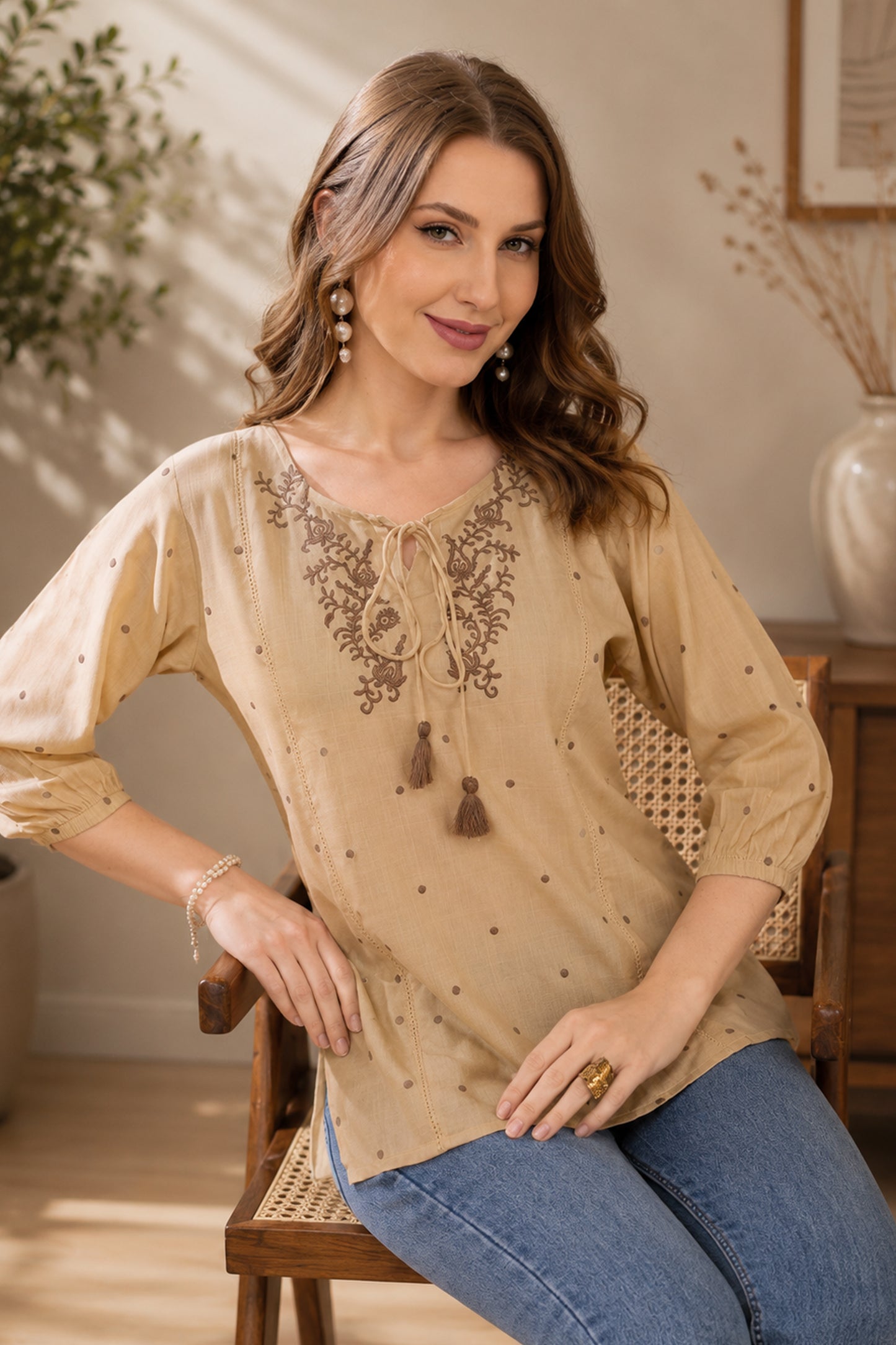 Womens tunic tops with floral embroidered neckline in beige