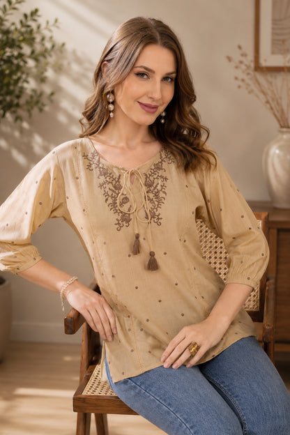 Womens tunic tops with floral embroidered neckline in beige
