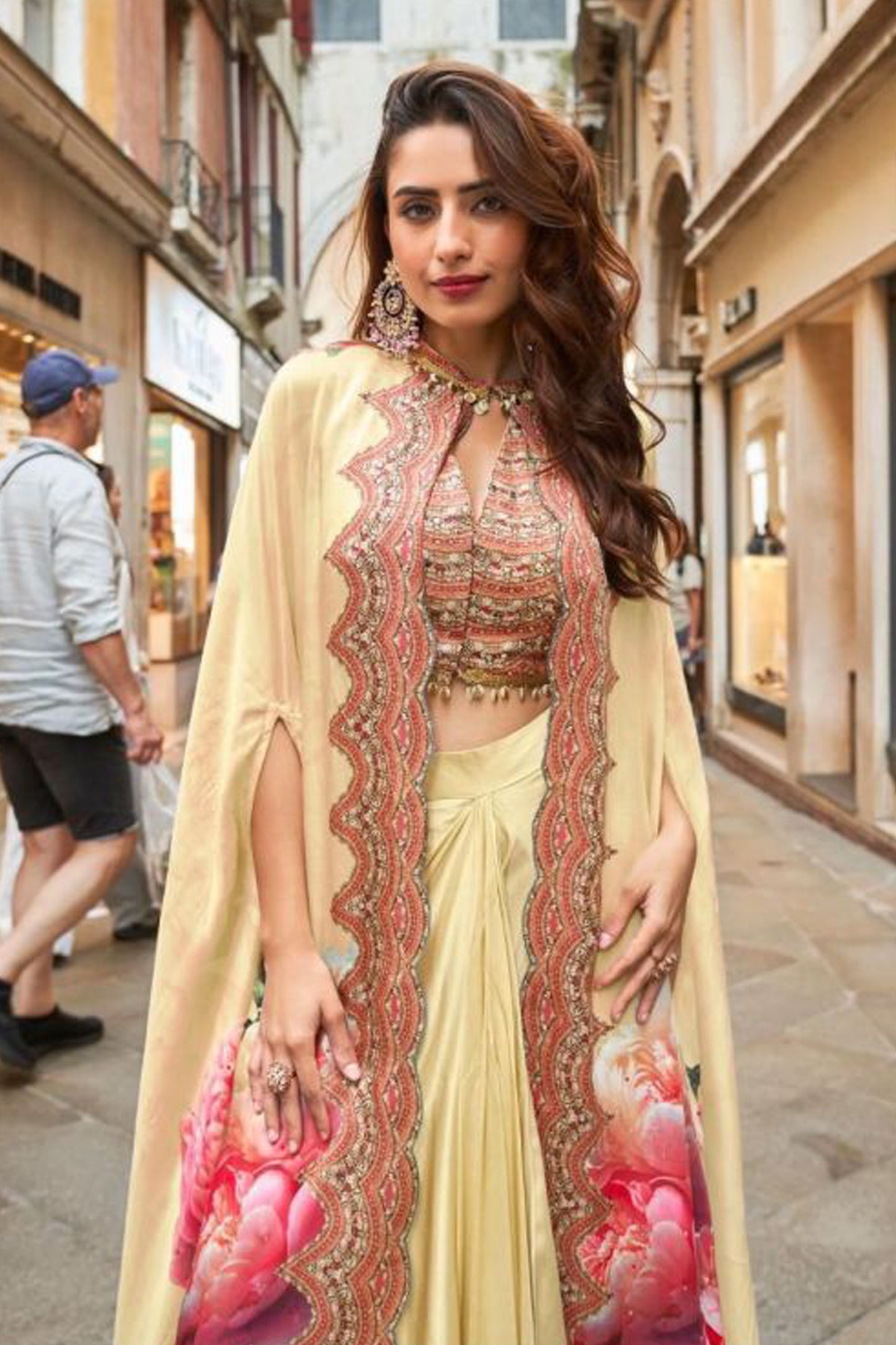 Beige Indo Western Dress front view with handwork jacket