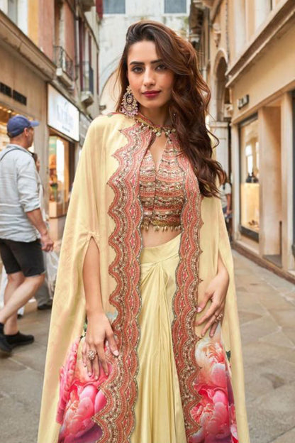 Beige Indo Western Dress front view with handwork jacket