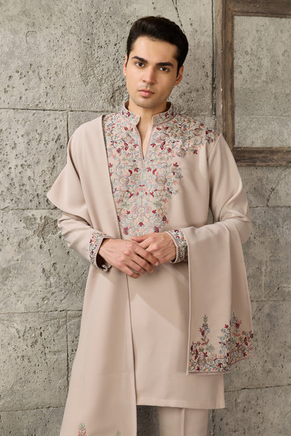 Sequin embroidery detail on beige kurta