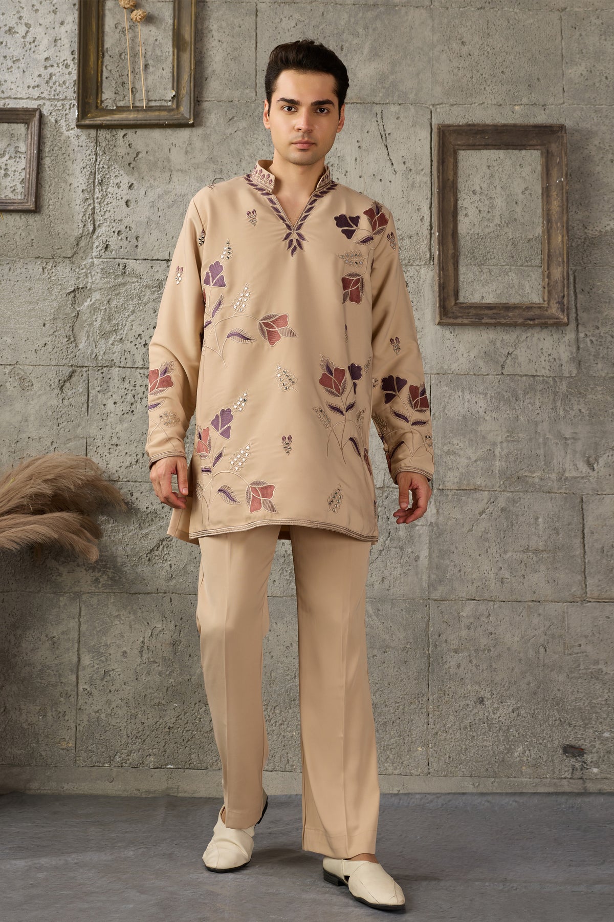 Beige Indian kurta for men front view