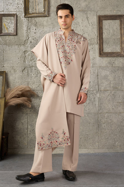 Beige kurta pajama set with dupatta front view