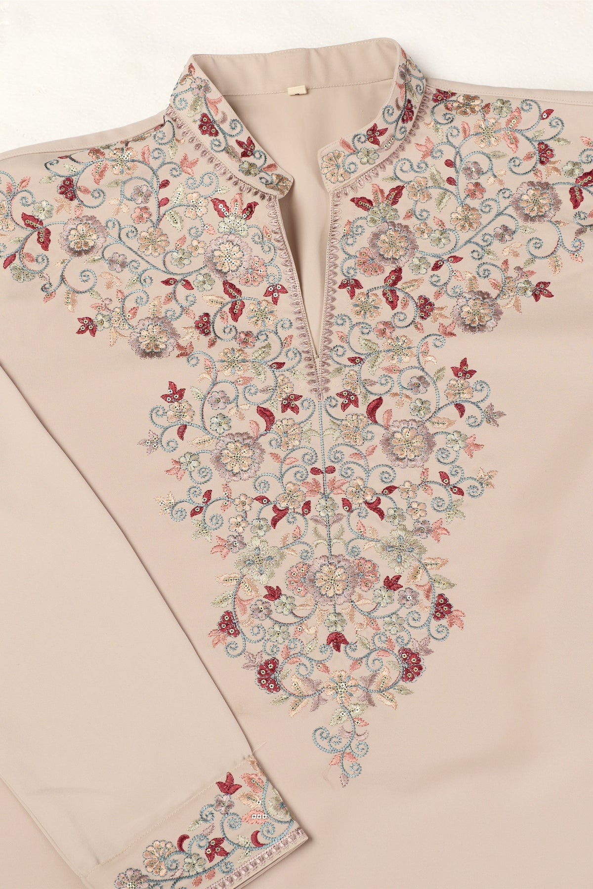 Beige kurta pajama set styled with matching dupatta