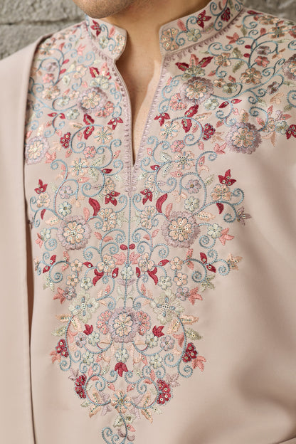 Beige kurta pajama set with dupatta and embroidered work