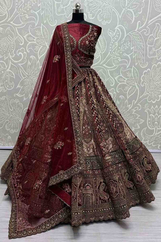 beige lehenga front view with sequins embroidery