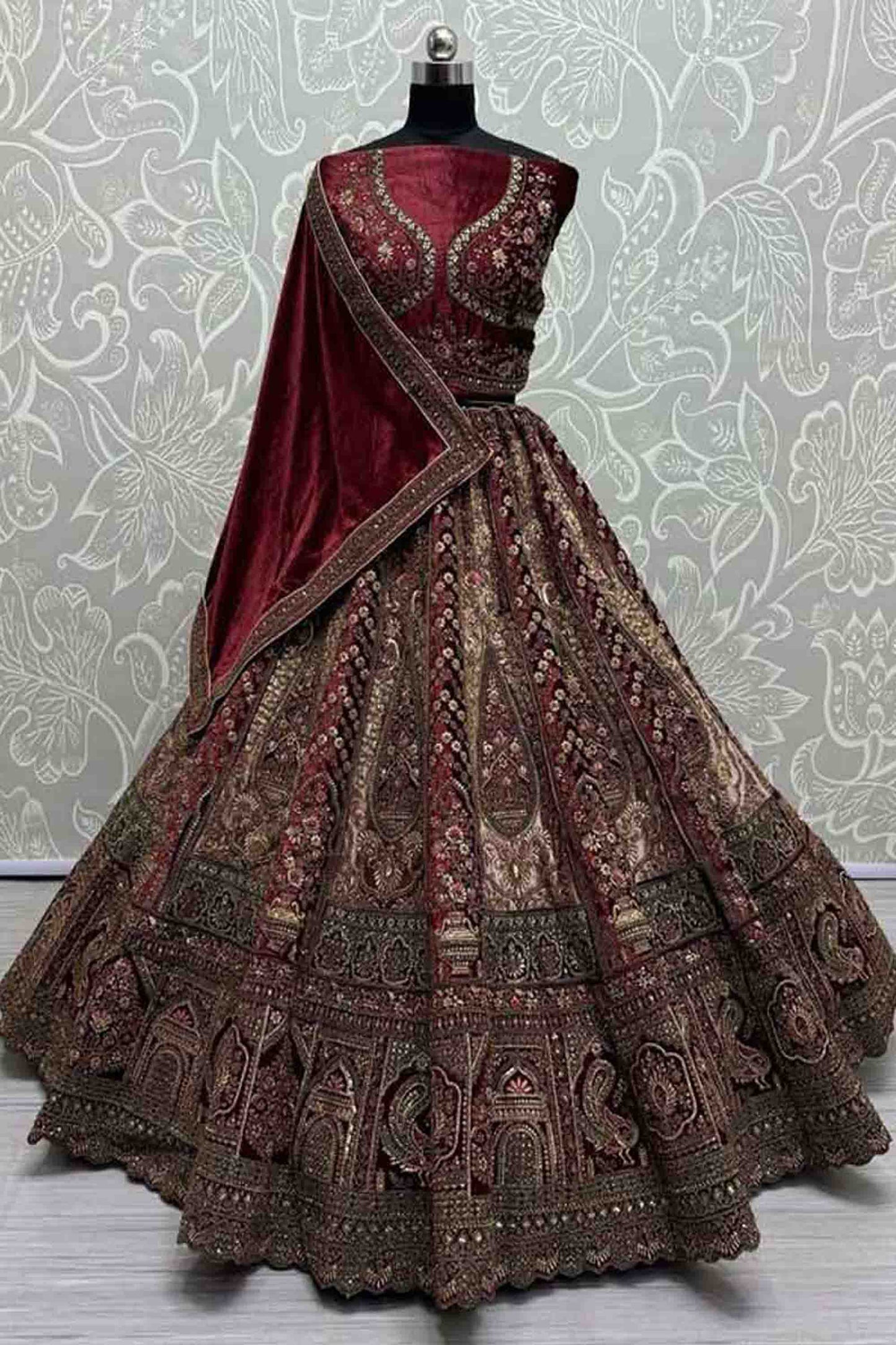 sequins coding embroidery on beige velvet lehenga