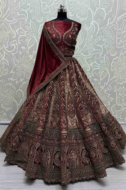 sequins coding embroidery on beige velvet lehenga