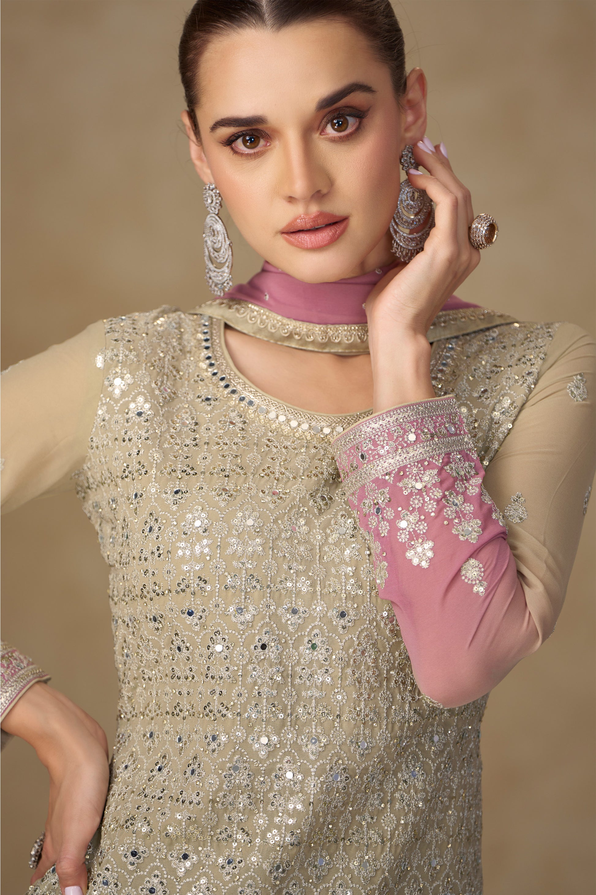 Front view of beige embroidered palazzo dress