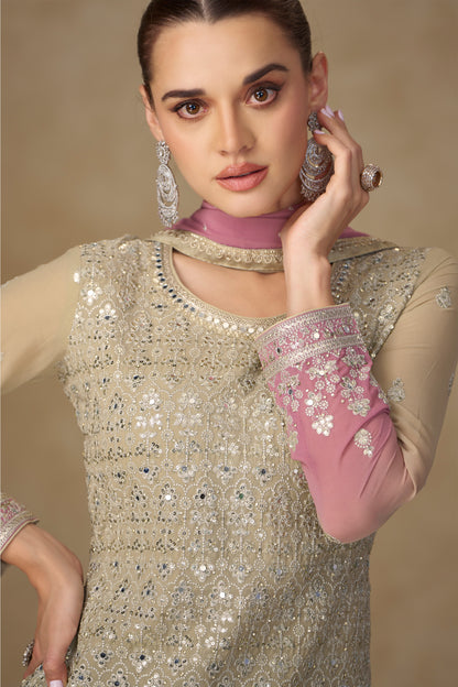 Front view of beige embroidered palazzo dress