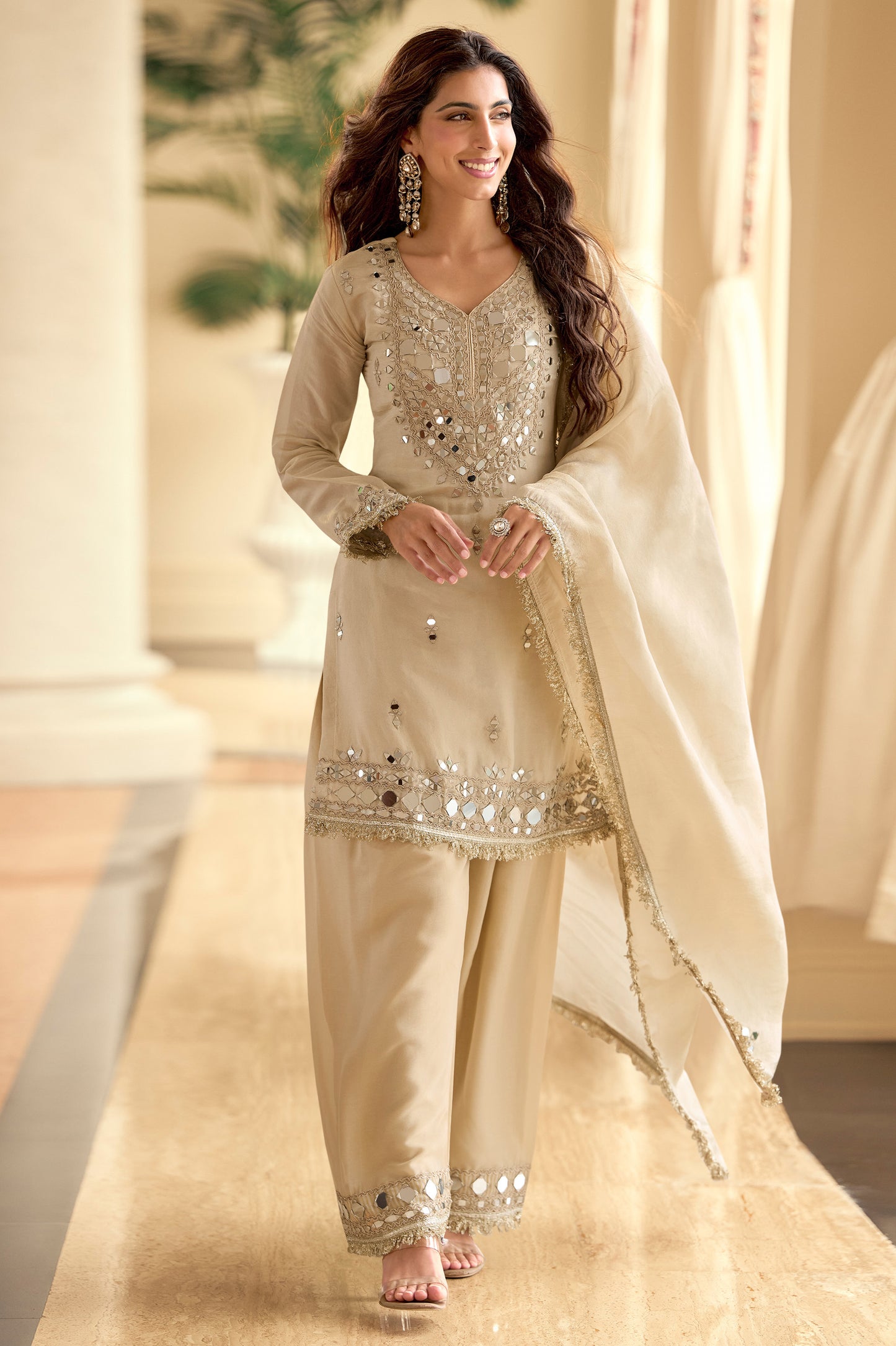 Beige palazzo pants for women front view