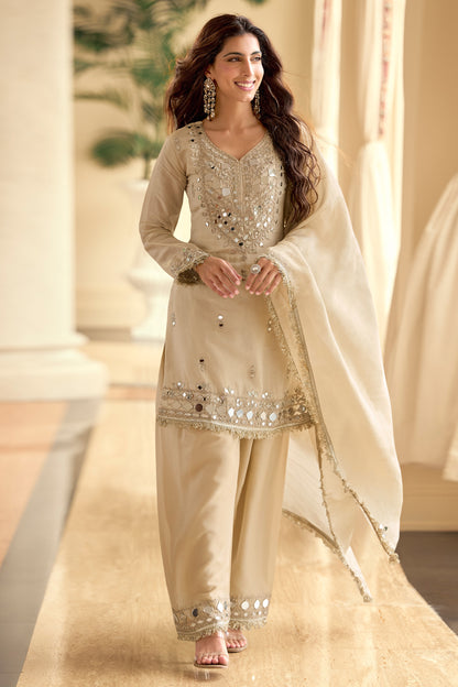 Beige palazzo pants for women front view