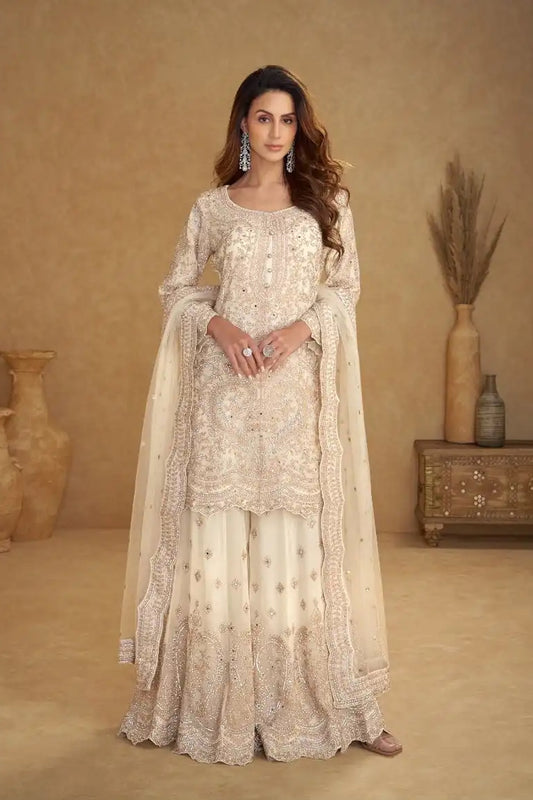 Embroidered beige palazzo for women front view