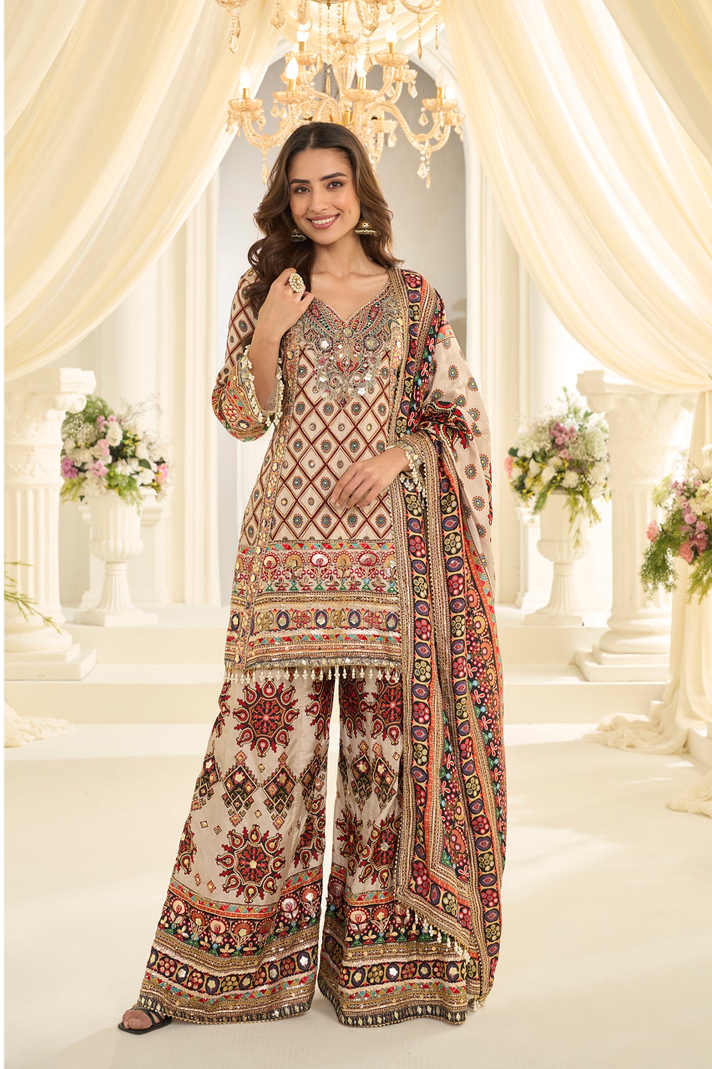 Beige palazzo suit full front look with straight kameez