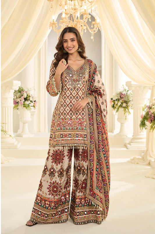 Beige palazzo suit full front look with straight kameez