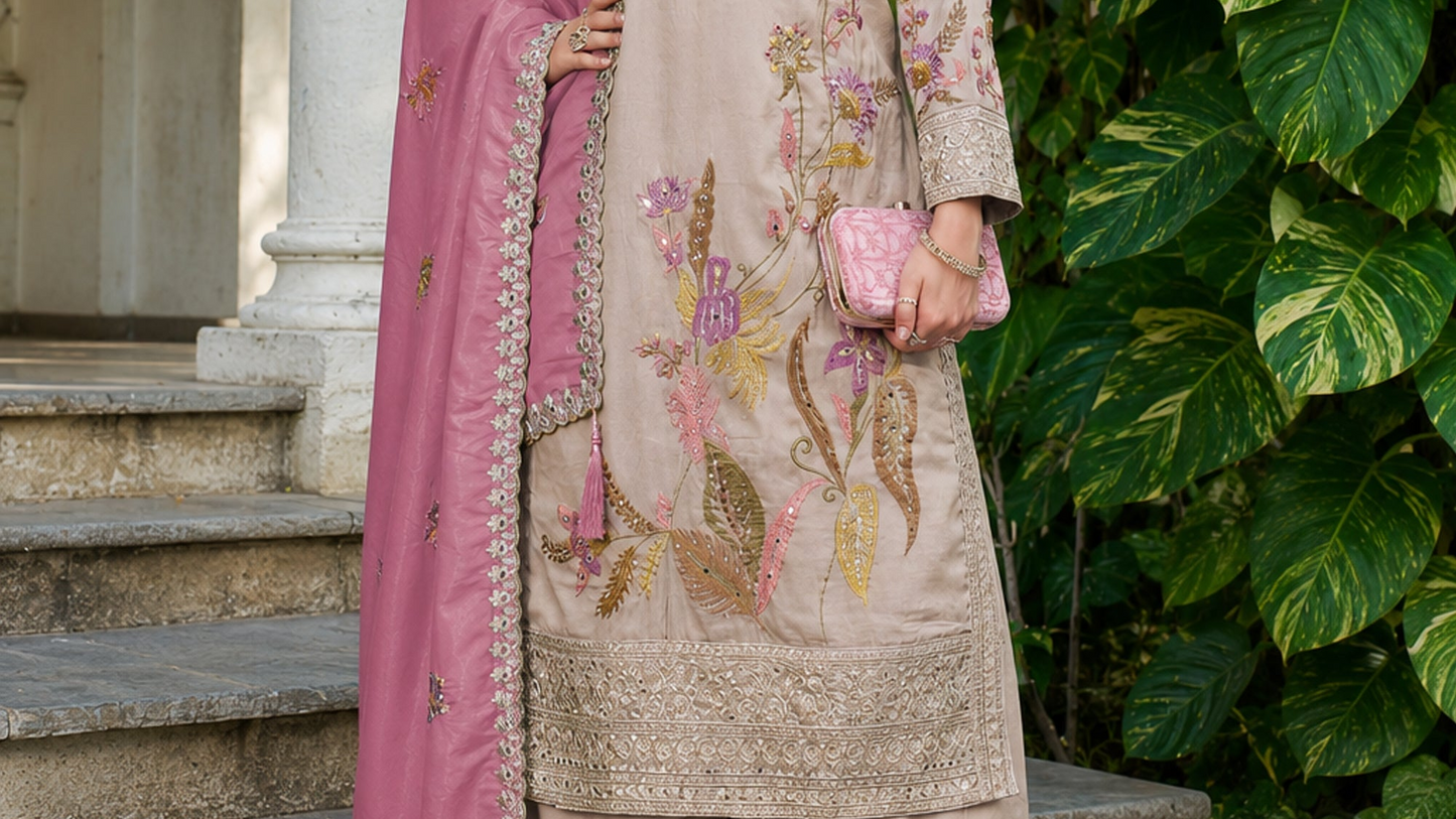 Embroidered Beige Palazzo Clothes With Matching Dupatta