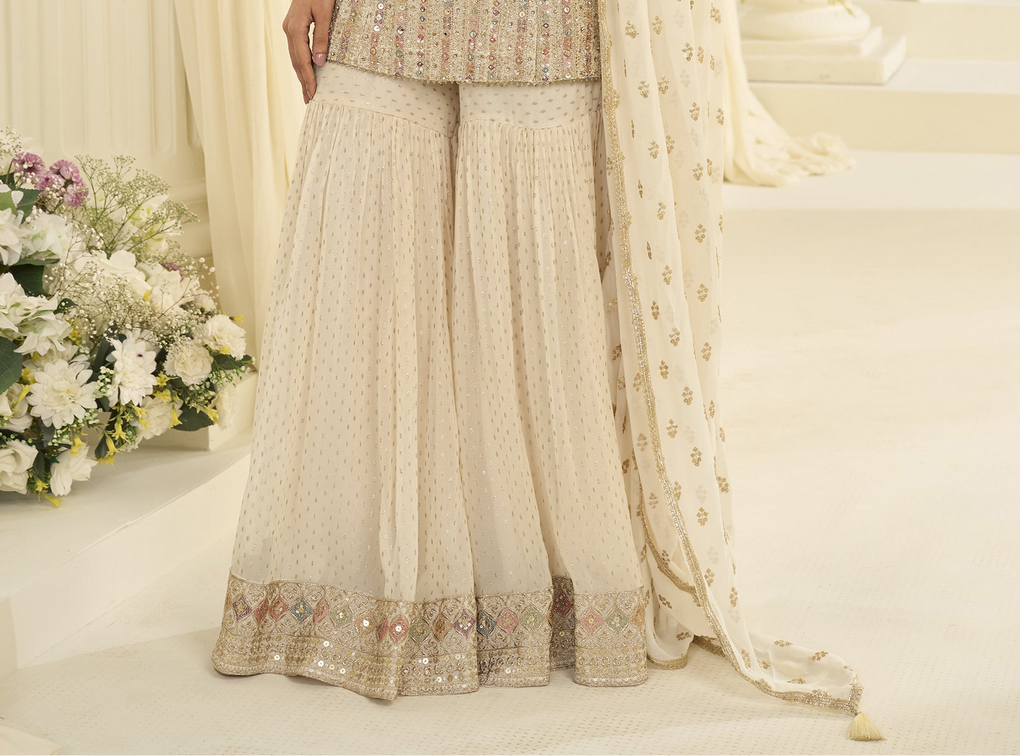 Reception look beige sharara outfit styling