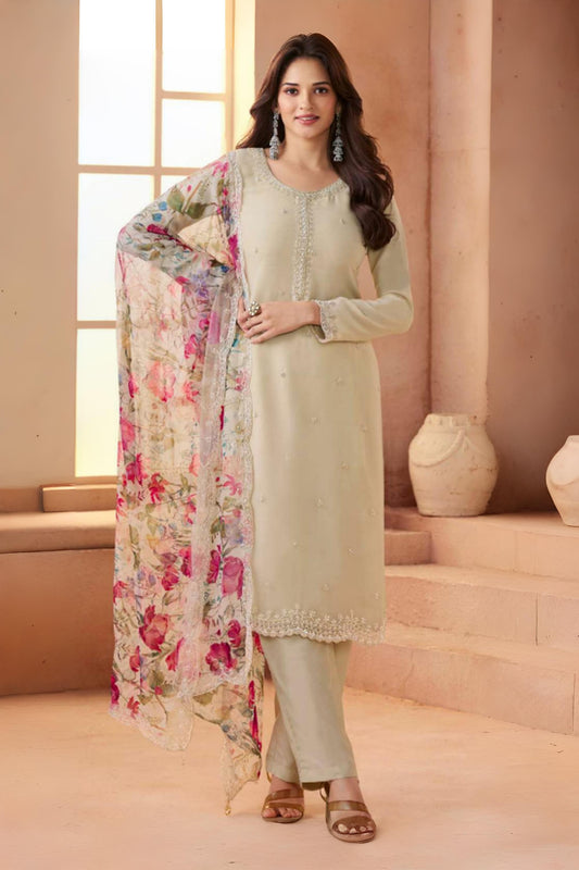beige salwar kameez with heavy embroidery front view