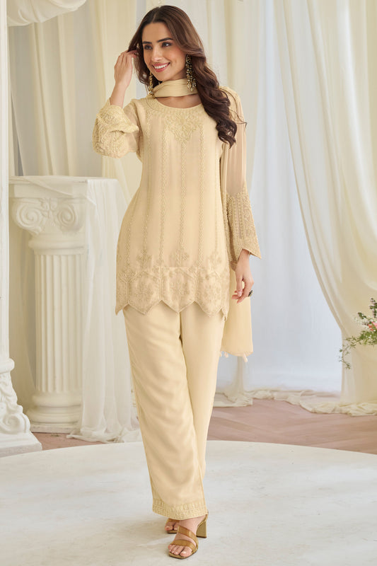 Beige salwar kameez full length straight view