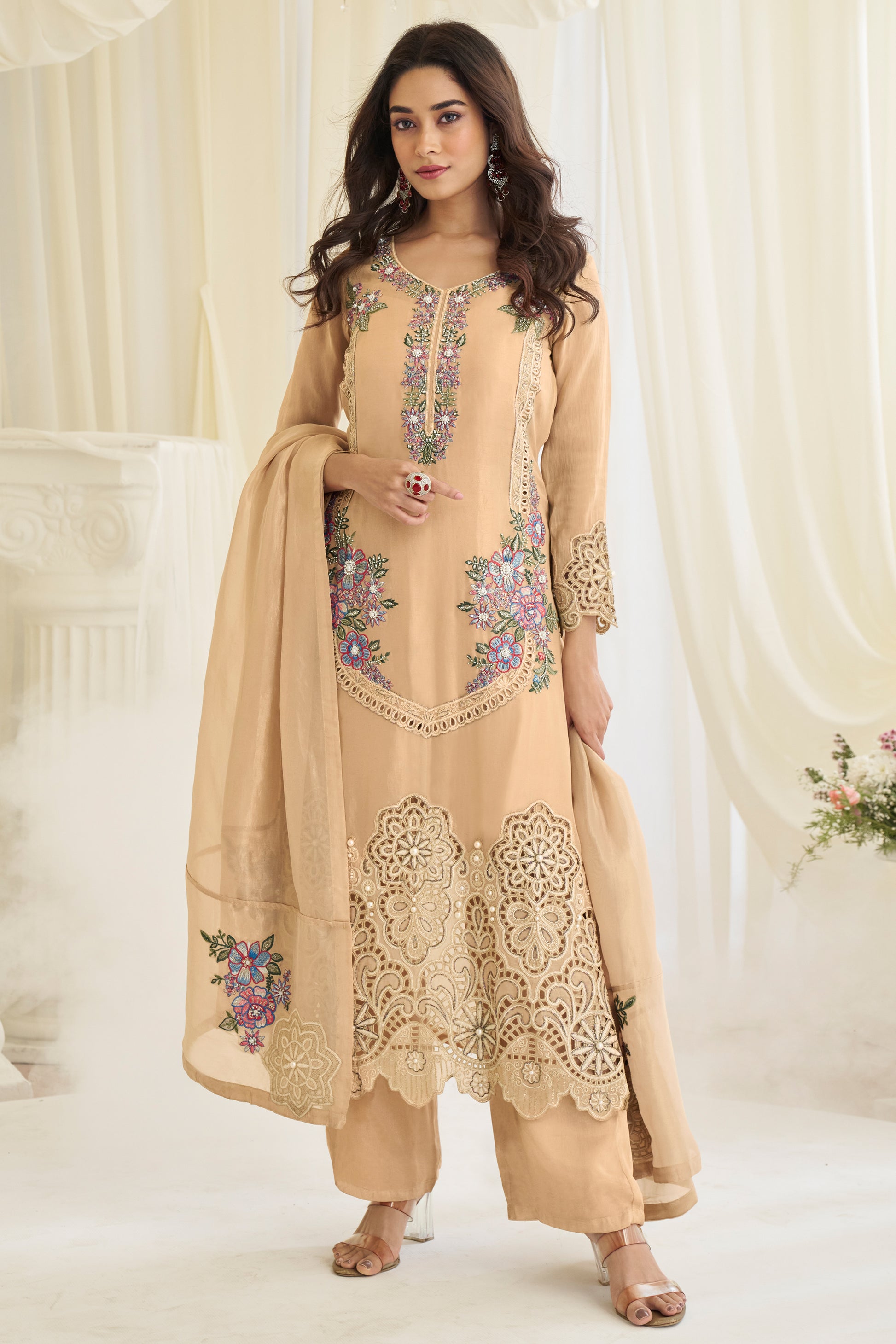 Beige salwar kameez sharara suit front view