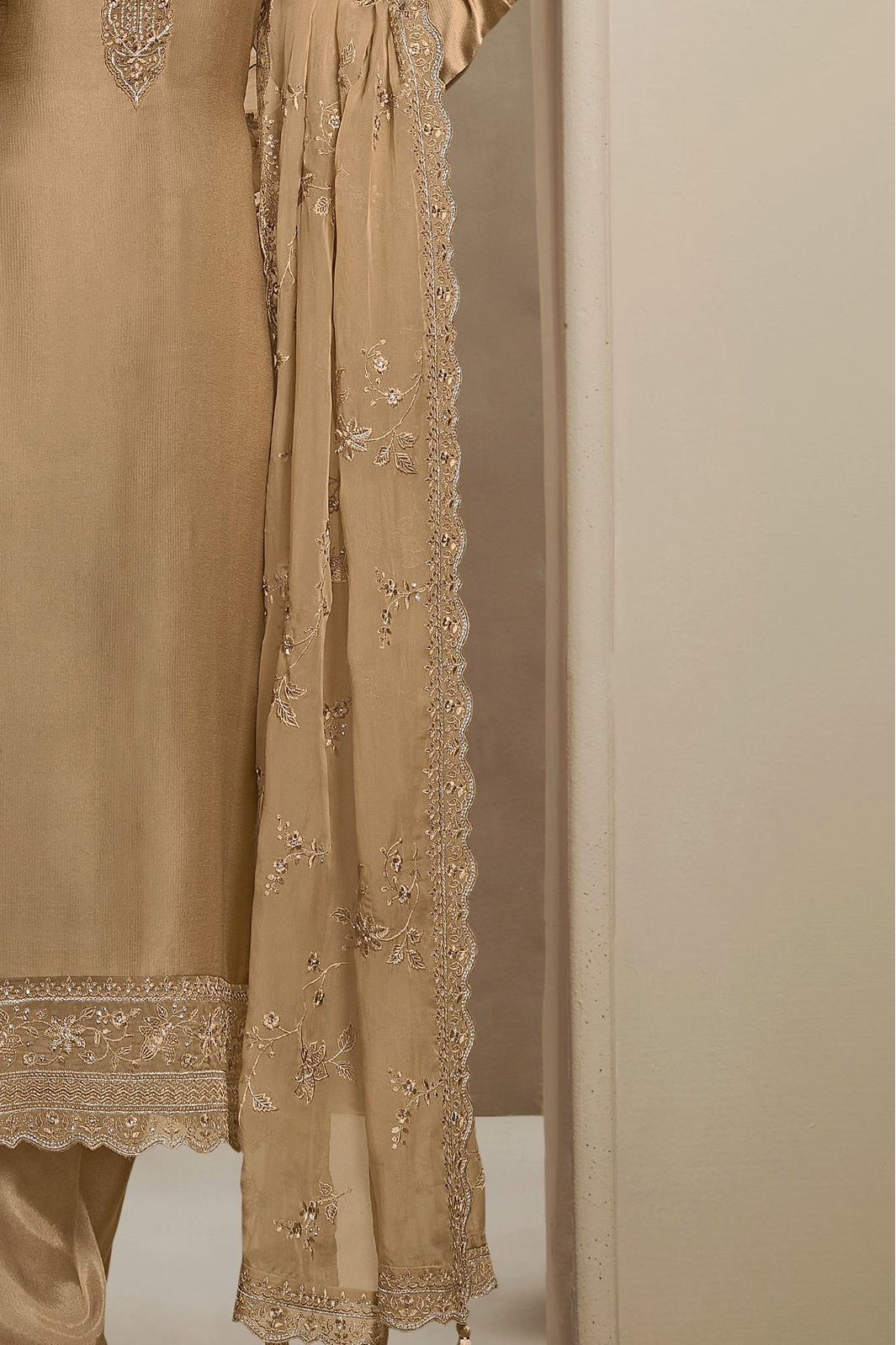 Close view of heavy embroidery on dupatta fabric