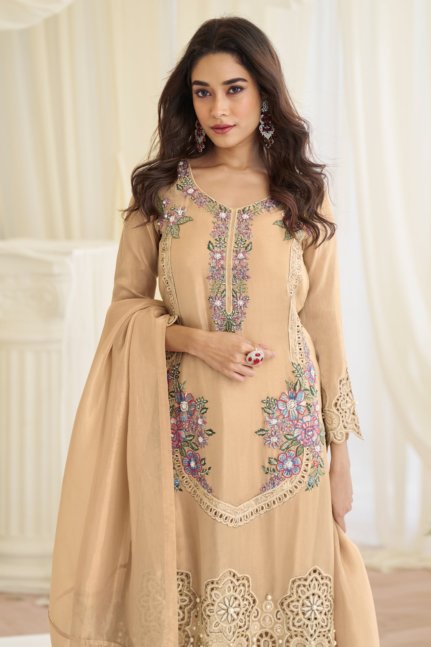 Close up of Simar silk fabric texture in beige suit