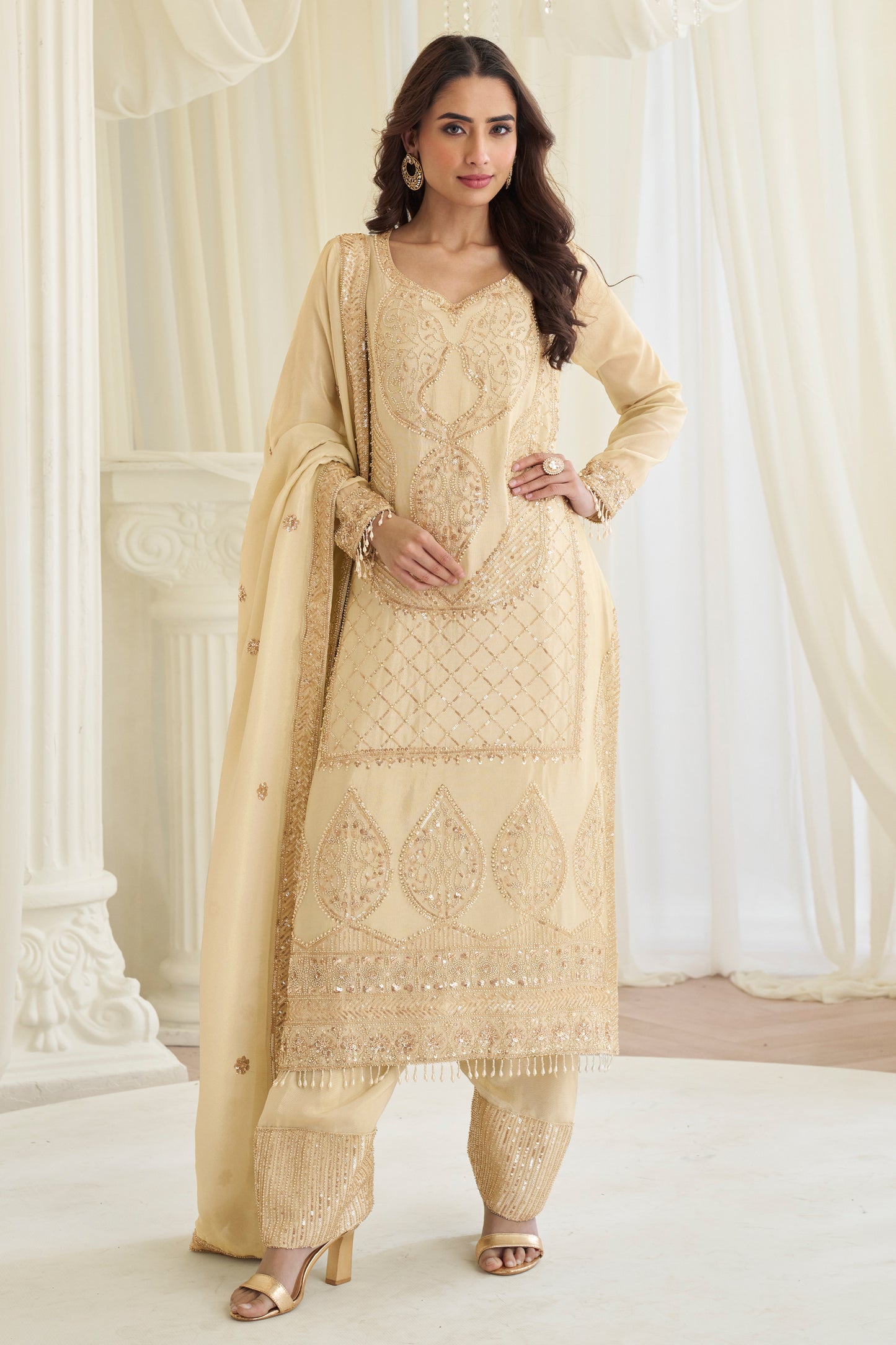 Beige salwar kameez sharara suit front view