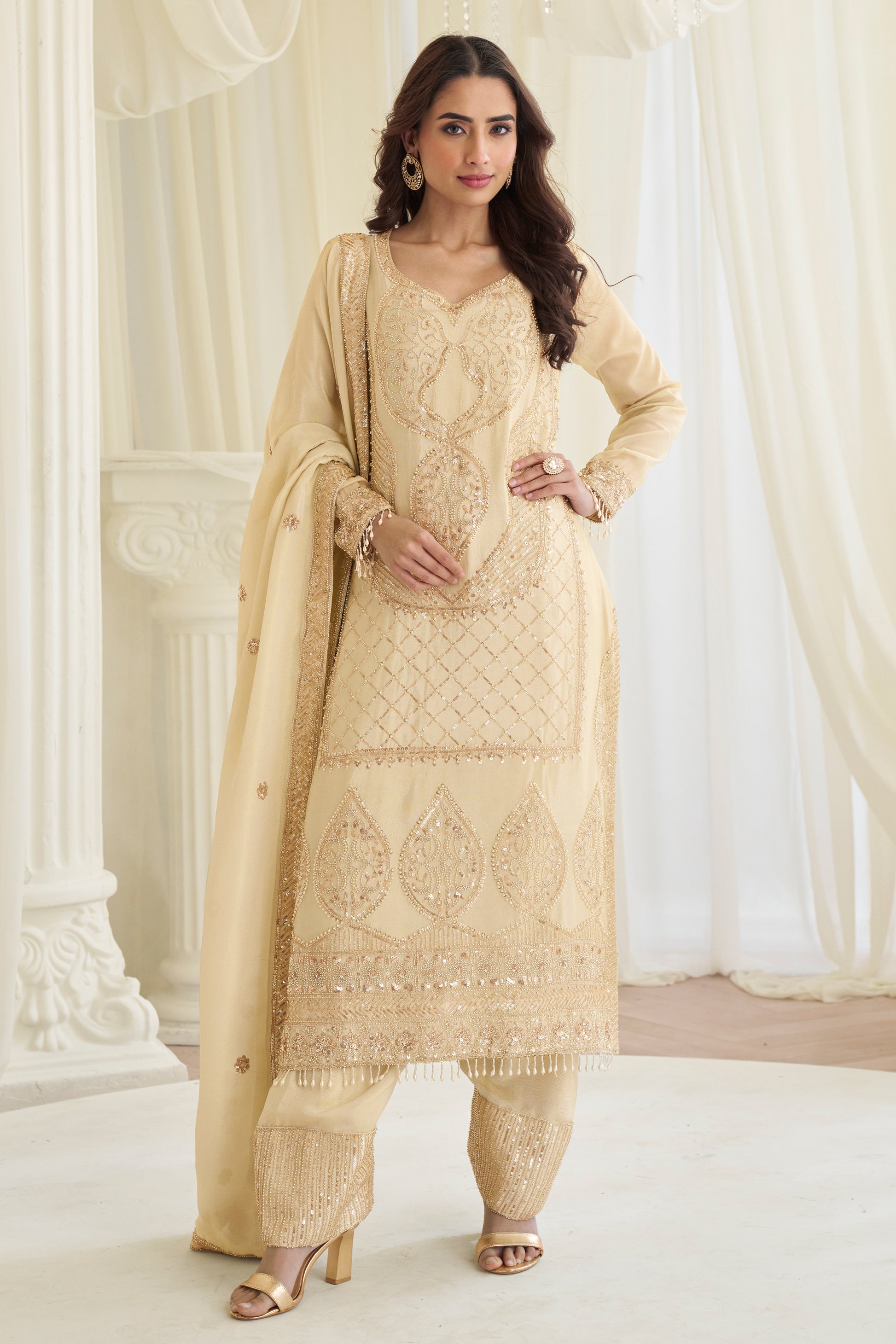Beige salwar kameez sharara suit front view