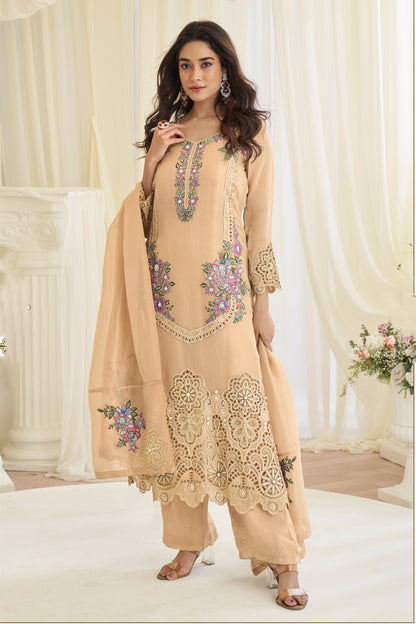 Beige sharara suit with straight kameez full look