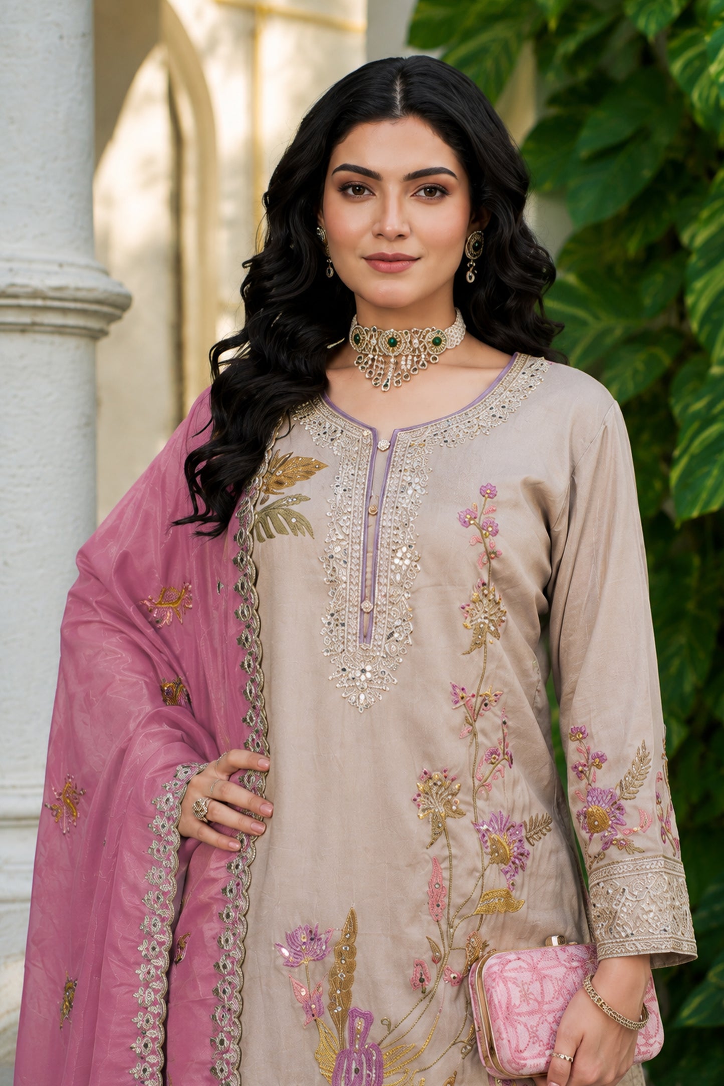 Woman Wearing Kameez Palazzo With Sequence And Jari Detailing