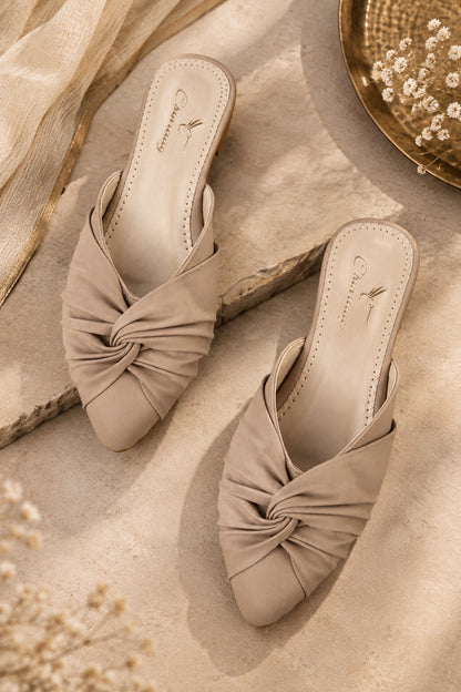 Women’s beige slip-on mule shoes with gathered vamp