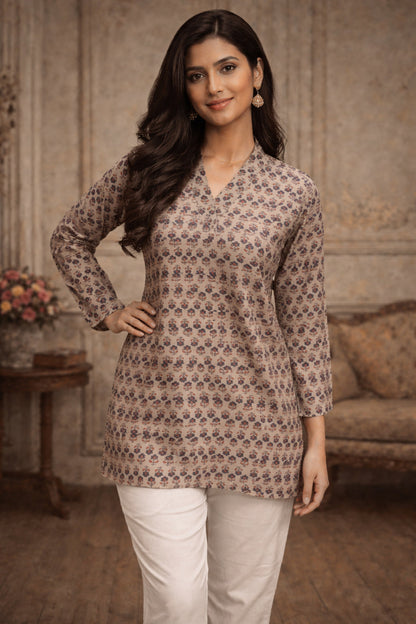 beige printed tops for women front view with subtle digital motifs
