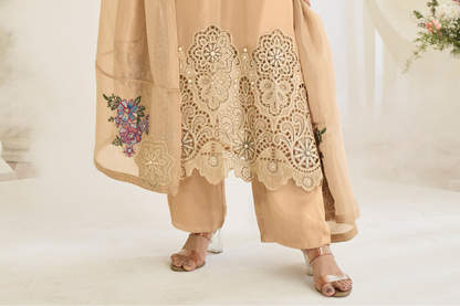Full outfit view of modern beige salwar kameez